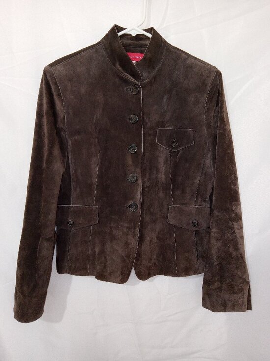 Anne Klein Jackets & Blazers - Vintage 90s Anne Klein Suede Leather Jacket Brown Mandarin Collar Button Front M